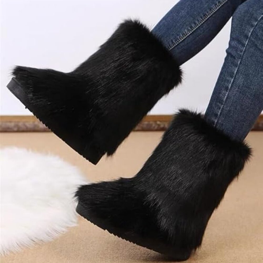 Neiman Marcus Lucine Black Faux Fur Italian Boots